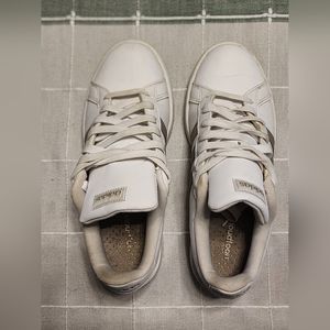 Adidas sz 9.5 Womens WHITE / GRAY STRIPE Leather HWI 28Y001 Cloud Foam Sneakers